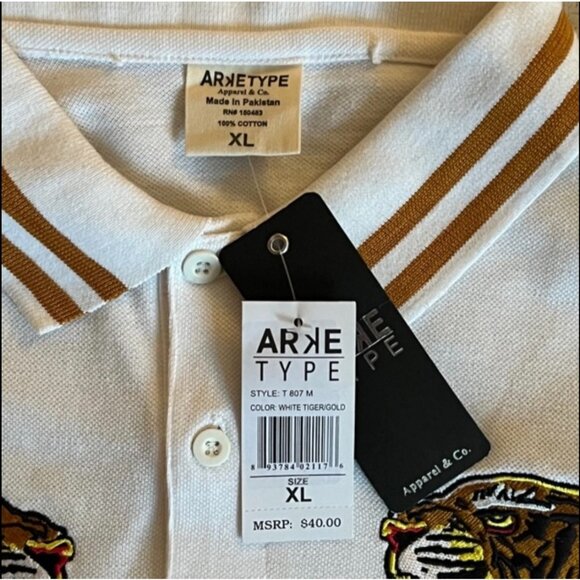 Arketype Polo Shirt Mens XL Tiger Embroidery Golden Stripe Streetwear Hype Hip - Picture 3 of 9